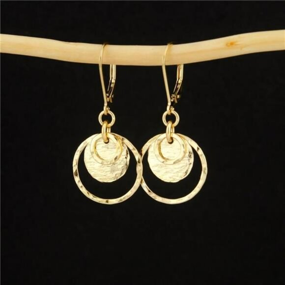 Gold Silver Disc Drop Earrings Leverback Dangle Sterling Circle Jewelry - Picture 4 of 7